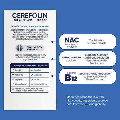 Cerefolin Brain Wellness, Targeted Nutrition for Cognitive Support, Improves Memory, Focus & Concentration, L-Methylfolate, NAC, B12, Neurologist Recommended (30 Count)